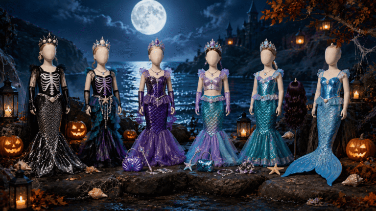 Mermaid Halloween costumes displayed on mannequins in a moonlit seaside Halloween scene