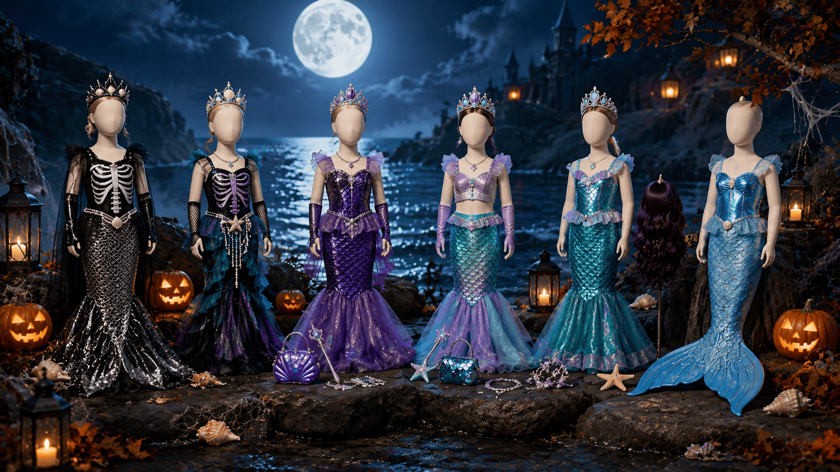 Mermaid Halloween costumes displayed on mannequins in a moonlit seaside Halloween scene