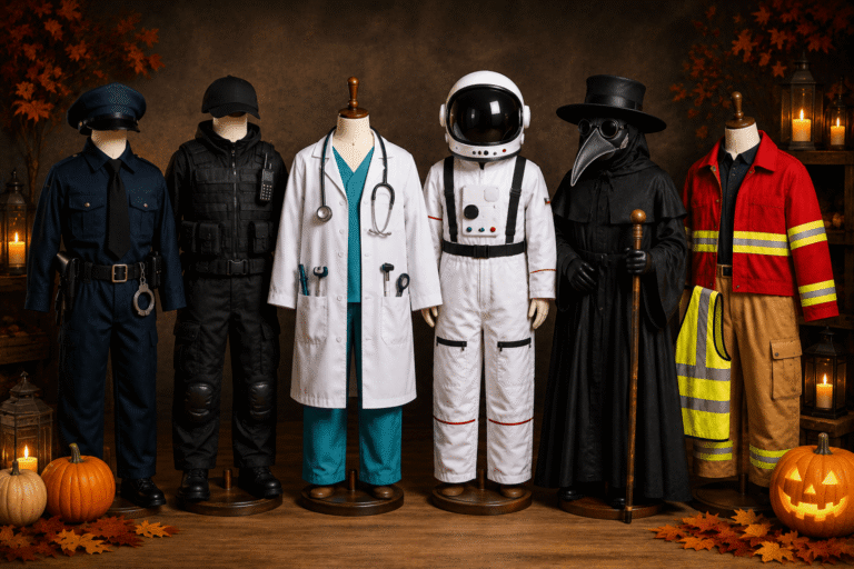 Occupation Halloween costumes displayed on mannequins including police, tactical, doctor, astronaut, plague doctor and firefighter styles