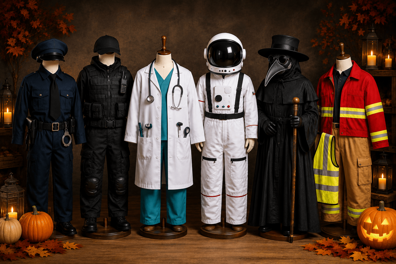 Occupation Halloween costumes displayed on mannequins including police, tactical, doctor, astronaut, plague doctor and firefighter styles