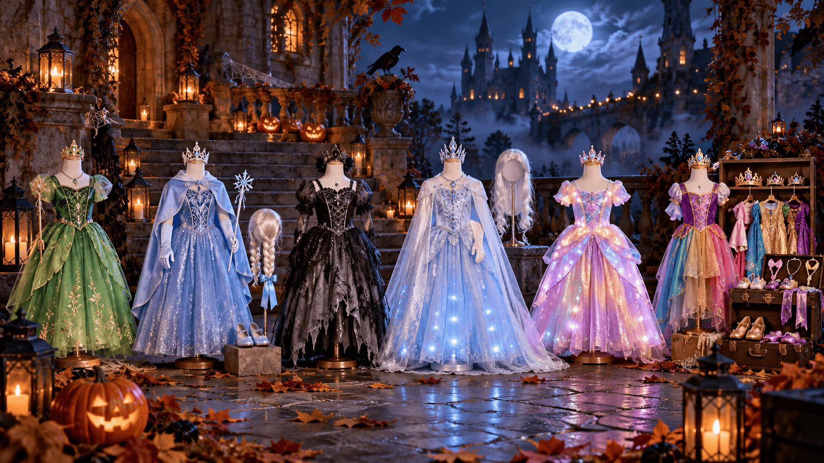 Princess Halloween costumes displayed on mannequins in a moonlit Halloween castle setting