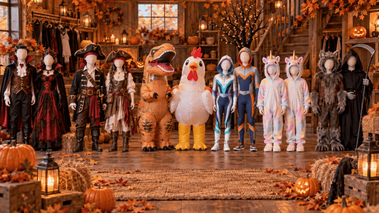 Sibling Halloween costumes displayed in coordinated pairs including vampires, pirates, inflatables, unicorns, monsters, and generic superheroes