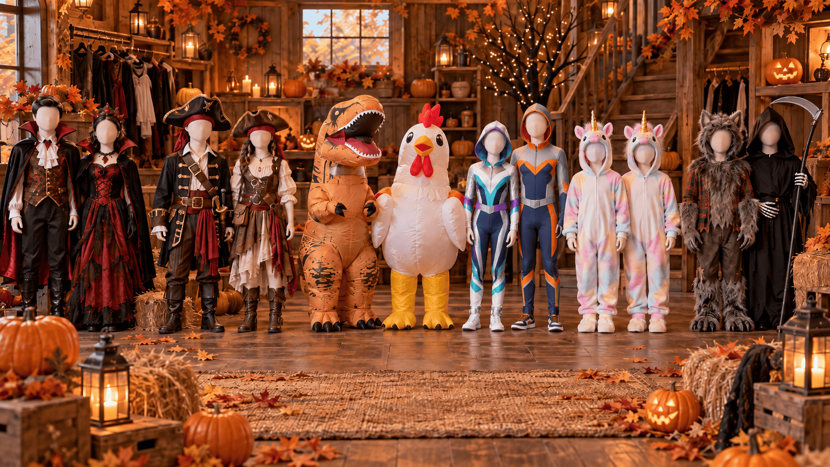 Sibling Halloween costumes displayed in coordinated pairs including vampires, pirates, inflatables, unicorns, monsters, and generic superheroes