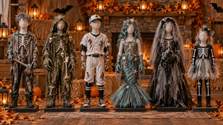 Zombie Halloween costumes for kids displayed on mannequins in classic, sporty, mermaid, bride, and skeleton styles
