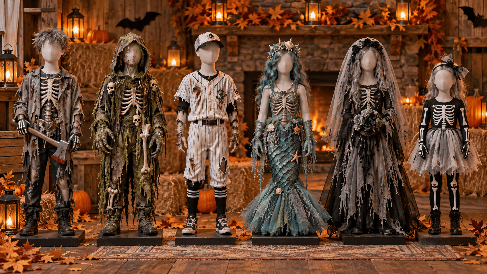 Zombie Halloween costumes for kids displayed on mannequins in classic, sporty, mermaid, bride, and skeleton styles